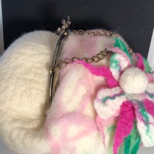 Purse Clutch One of Kind Felted Pink Green White 9” Artsy Handbag Flower Bird